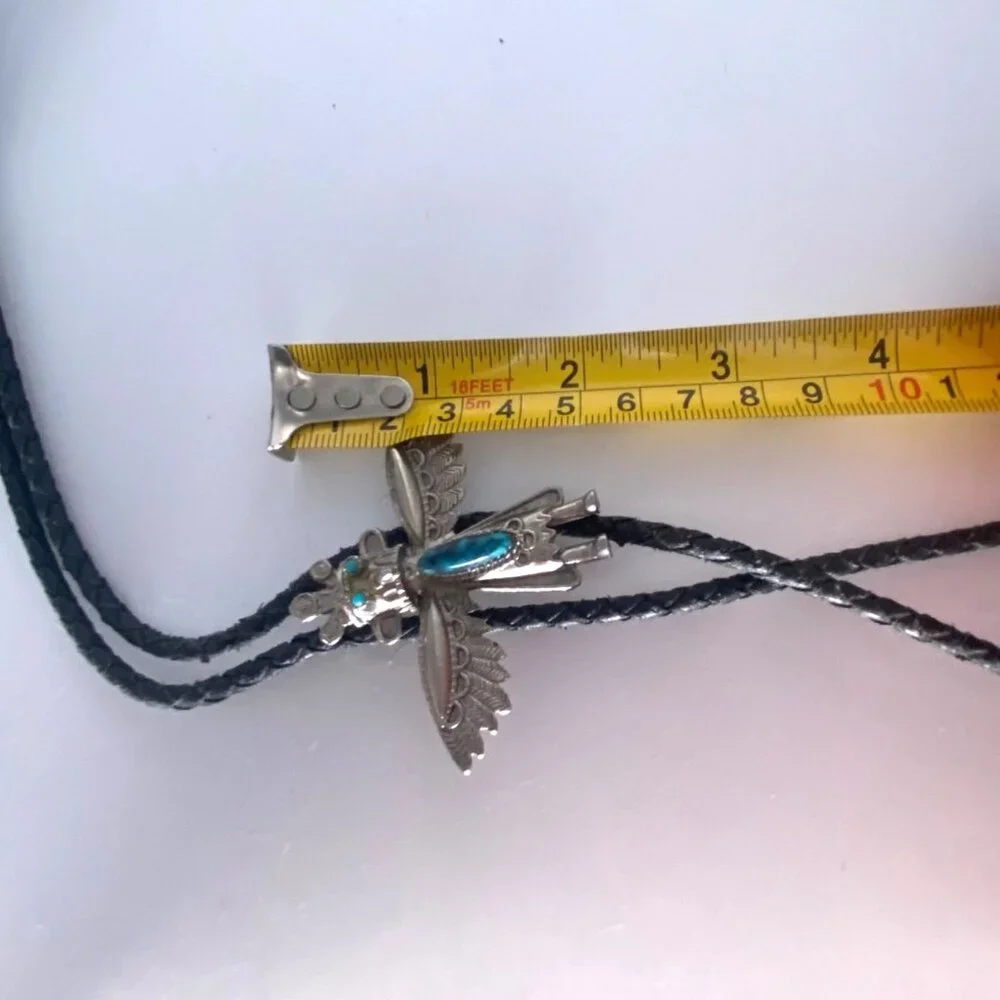 Vintage Thunderbird Turquoise  Silver Tone Kachina Bolo Tie Braided Leather Cord - Picture 6 of 6